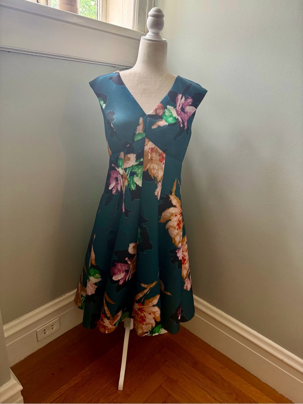Moulinette Soeurs Anthropologie Teal Floral Fit & Flare Dress Size 10